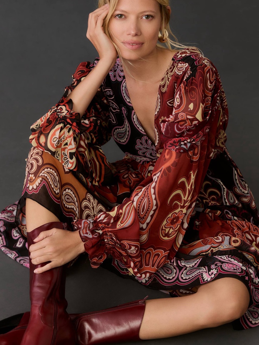 Farm Rio Anthropologie Boho Paisley Maxi Dress in Burgundy and Black